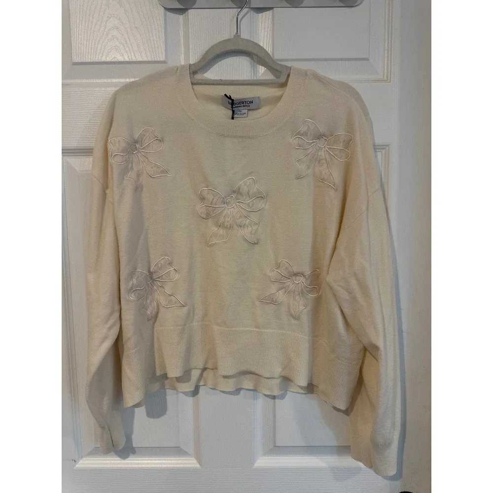 Bridgerton Netflix Cream Lace Bow Applique Sweater XL BRIR002A Regencycore